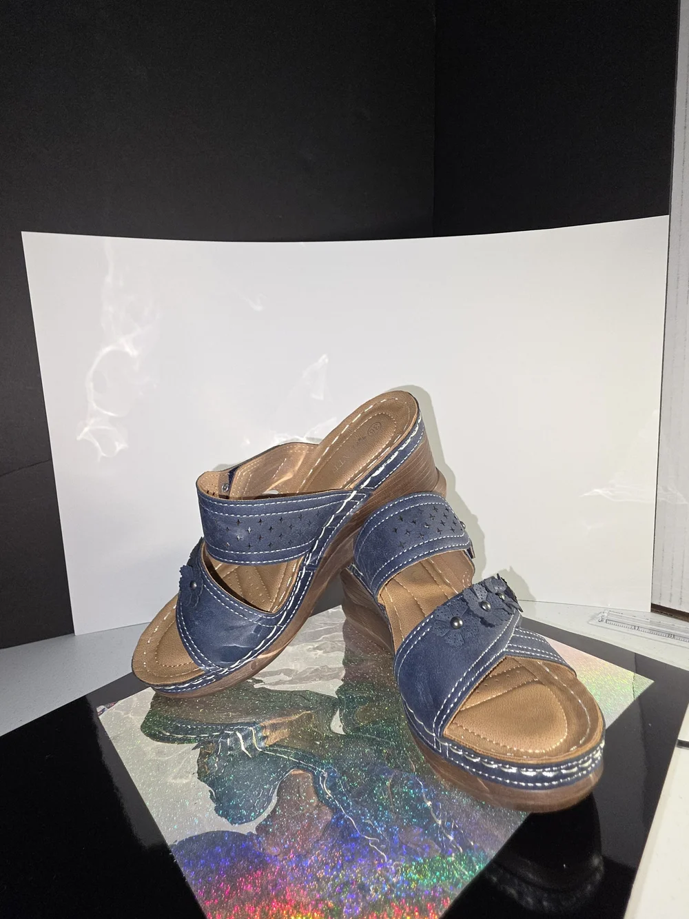 Patrizia Costmary Navy Floral Leather Wedge Sandal Stud Detail Sz 36 (5-6 US)